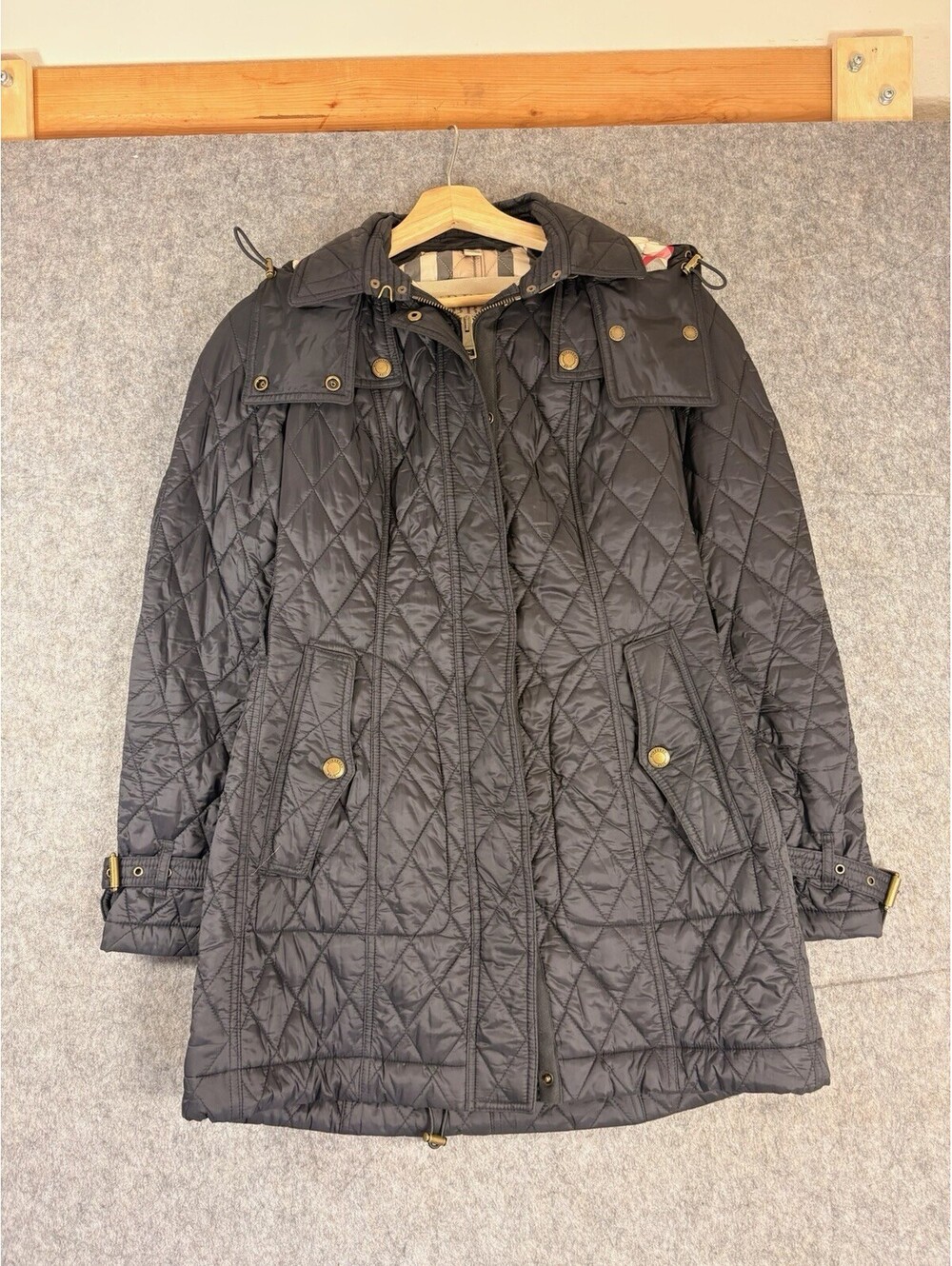 Women's BURBERRY BRIT Quilted Long Jacket Hooded Nova Check Lined Black Size S